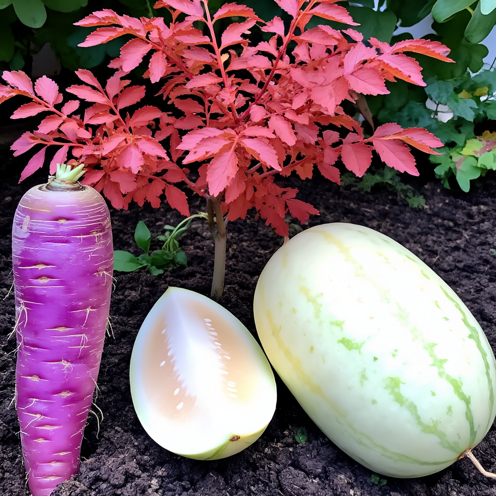 A purple carrot, a red tree with red leaves, and a white wat