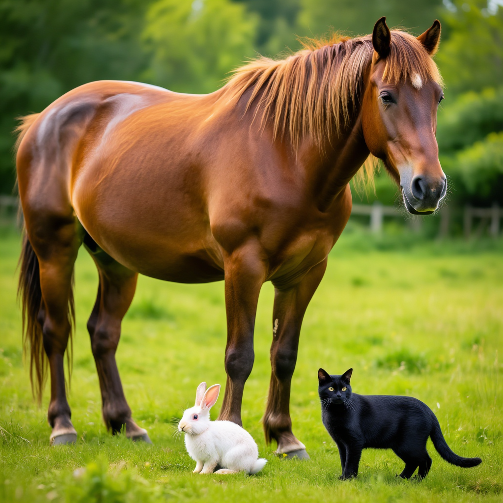 A big brown horse, a small white rabbit, and a medium-sized 