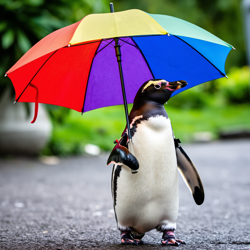 A penguin holding a colorful umbrella