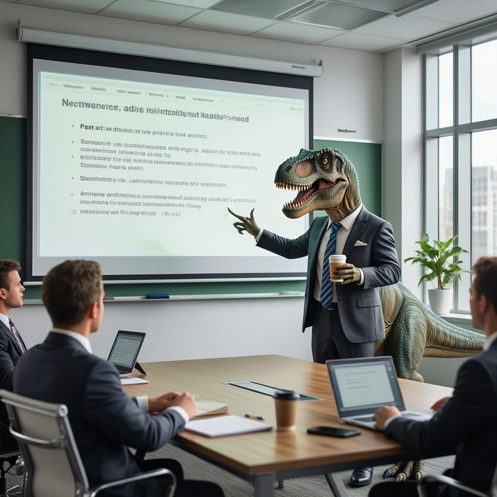 A dinosaur in a business suit giving a PowerPoint presentati