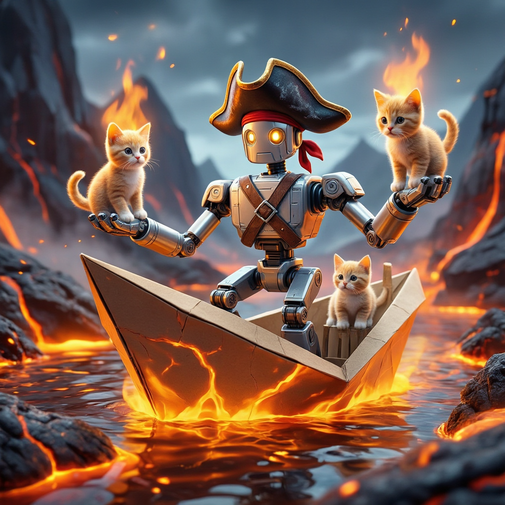 A robot dressed as a pirate sailing a paper boat on a lake o