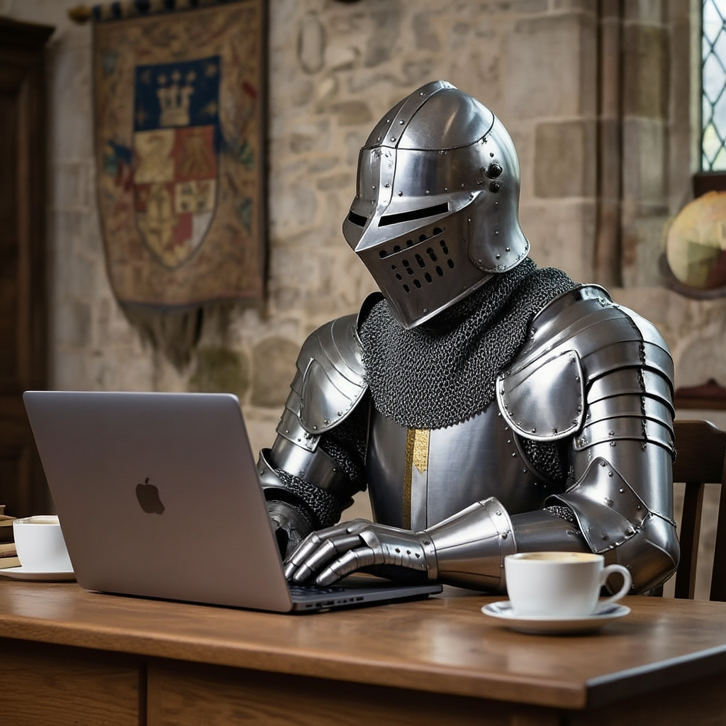 A medieval knight in full armor sitting at a desk typing on 