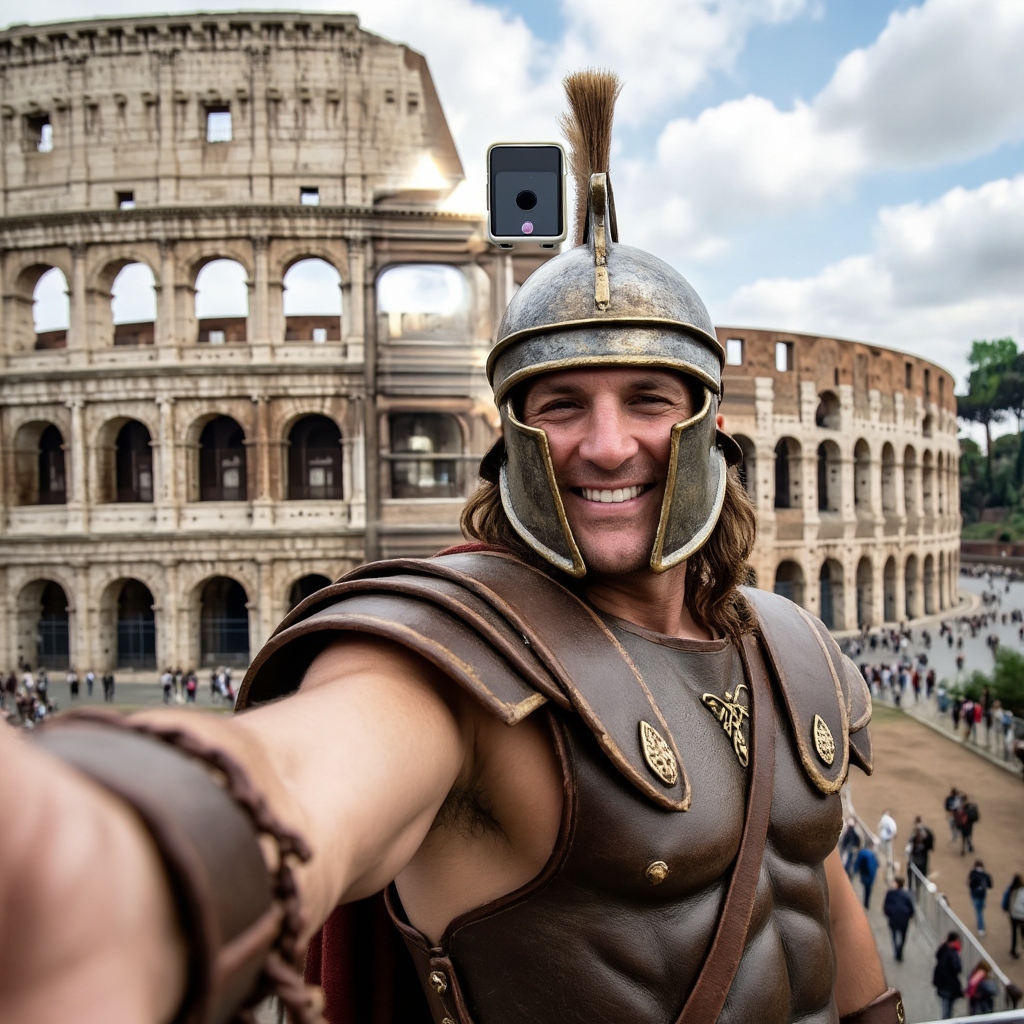 A Roman gladiator taking a selfie with a smartphone in the C