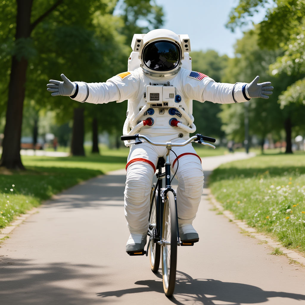 An astronaut in a spacesuit riding a bicycle through a park