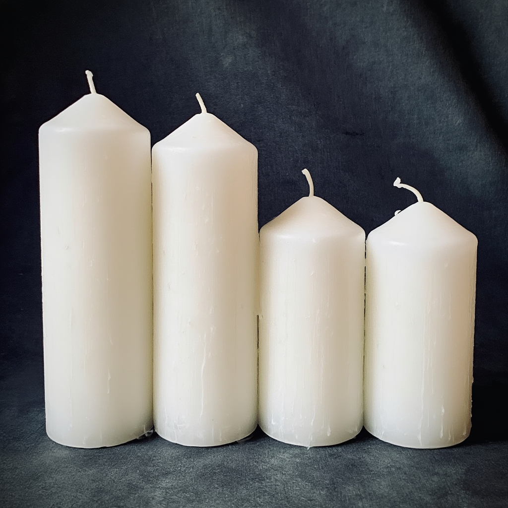 Exactly 4 white candles standing on a dark surface