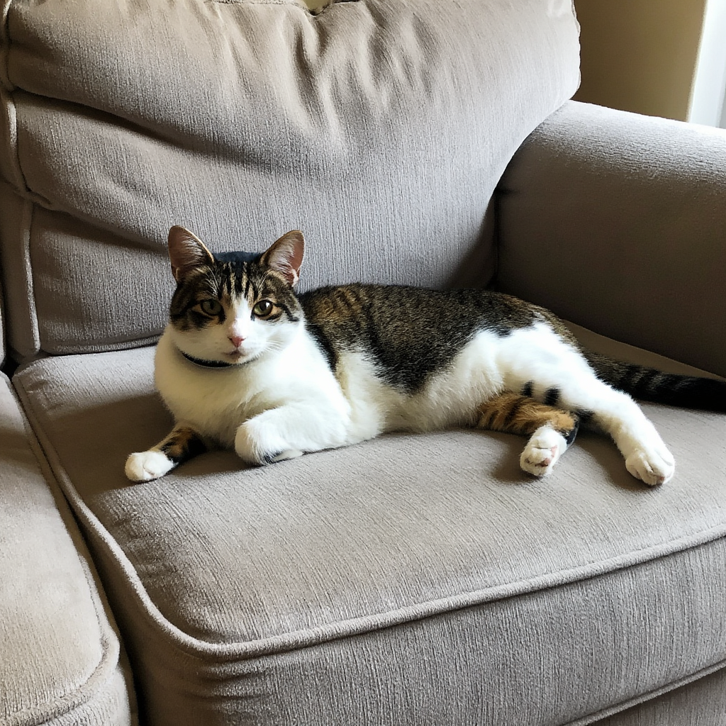 A cat lying on a couch without a collar