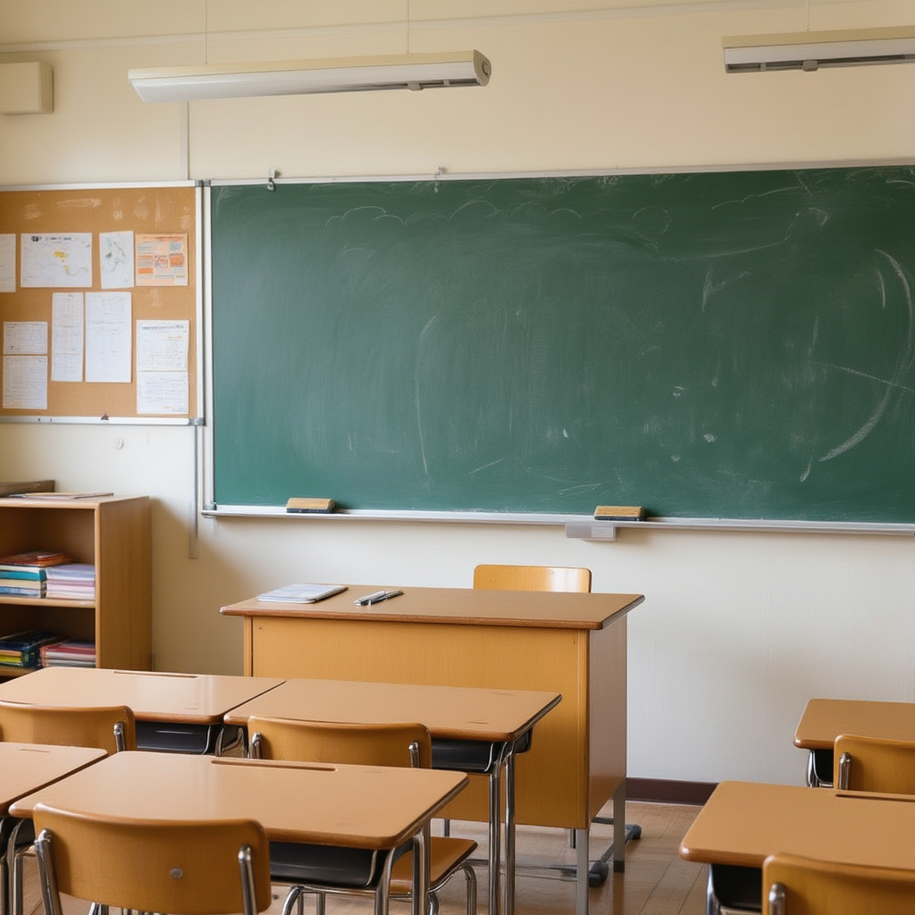 A classroom with desks and a chalkboard but no students