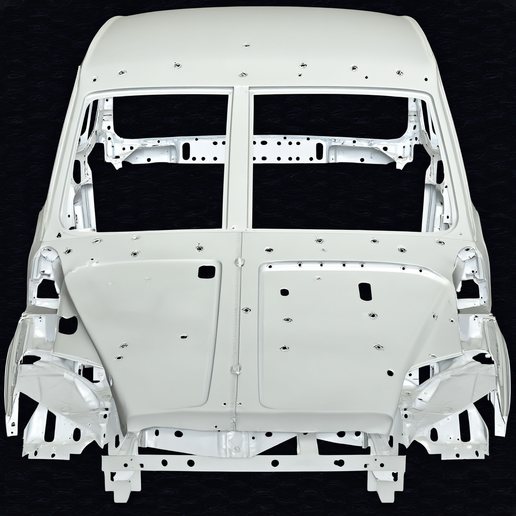 A car body with windows, doors, and headlights but no wheels