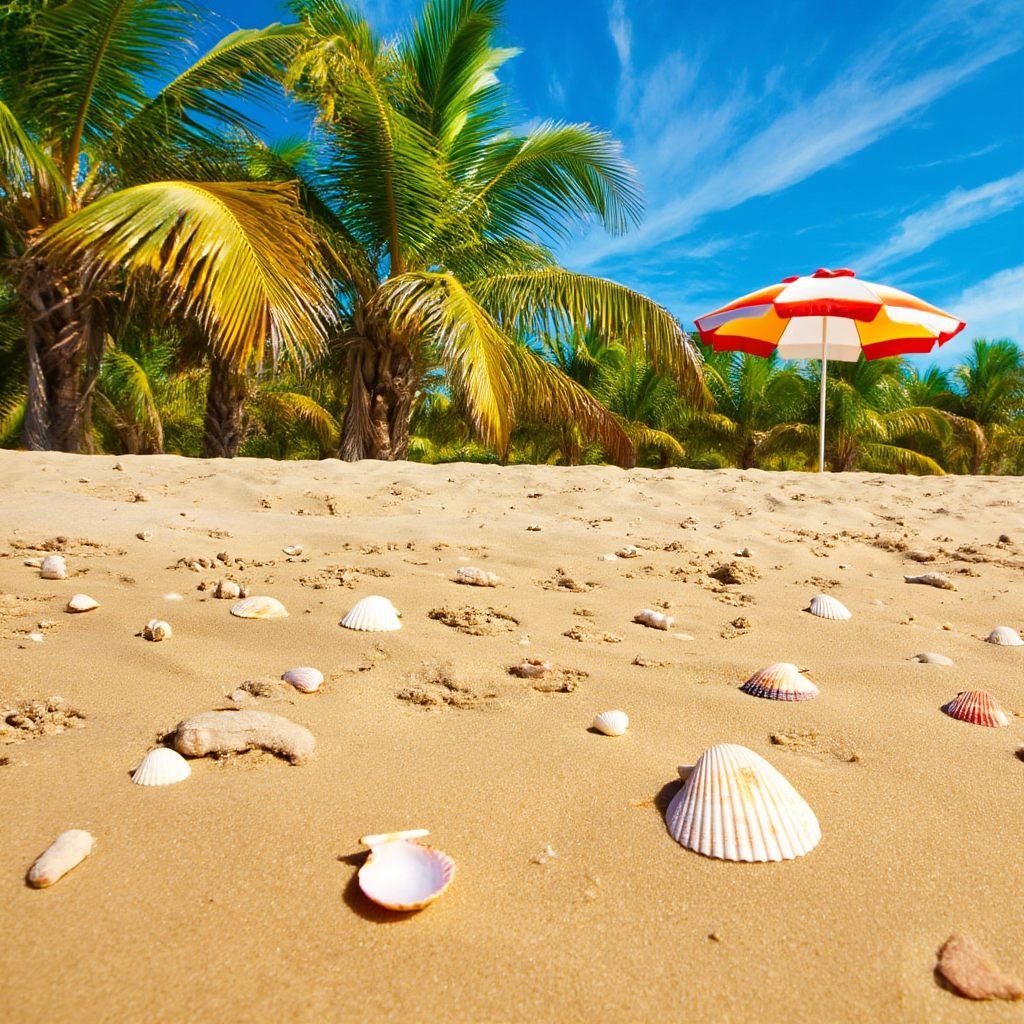 A sandy beach with palm trees, seashells, and a beach umbrel