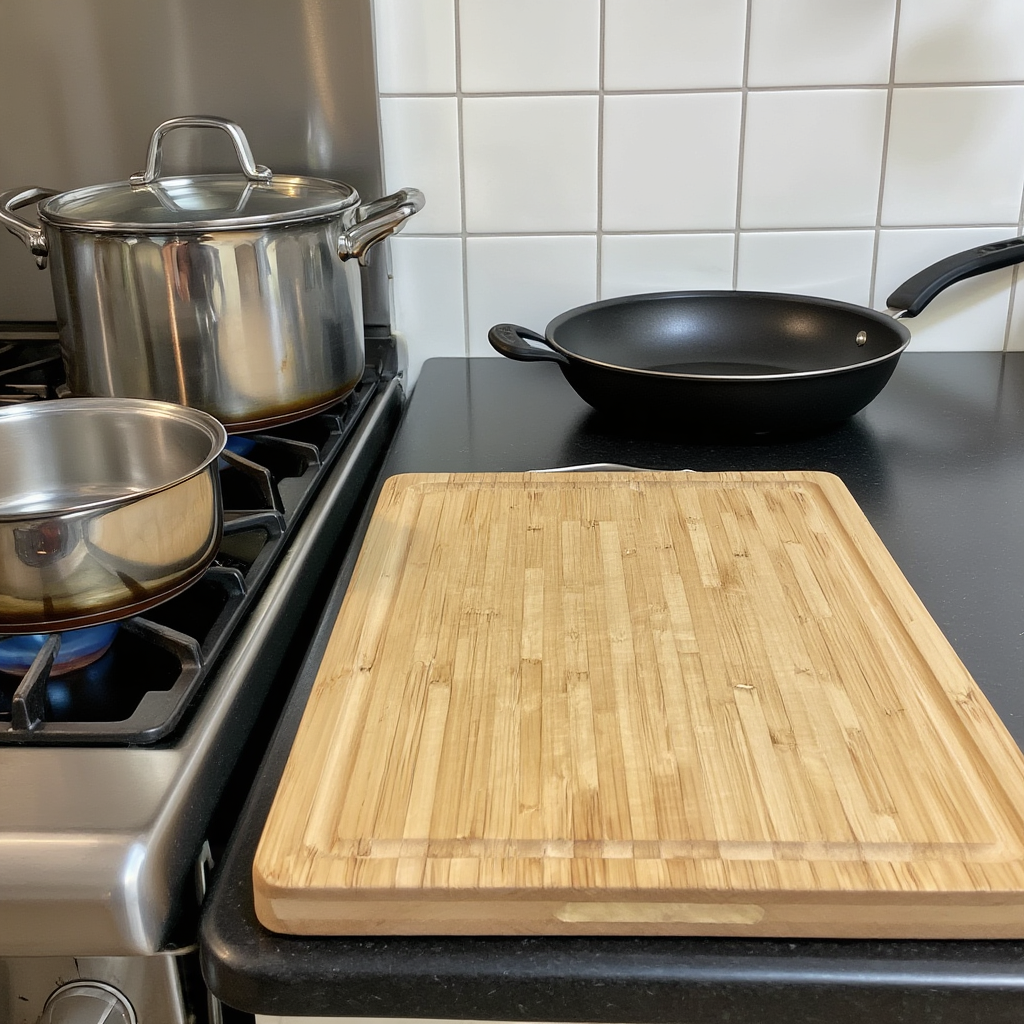 A kitchen with pots, pans, a stove, and a cutting board but 