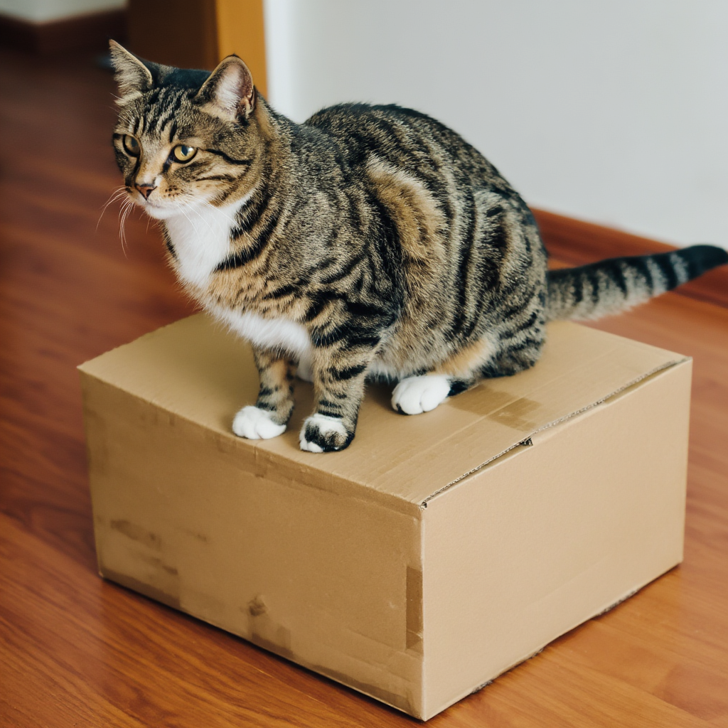 A cat sitting on top of a cardboard box