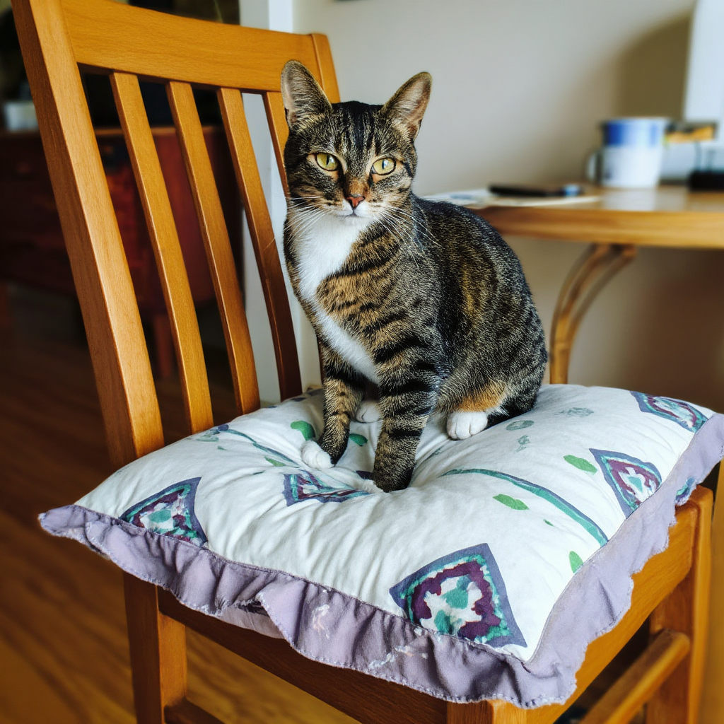 A cat sitting on a pillow, the pillow placed on a wooden cha