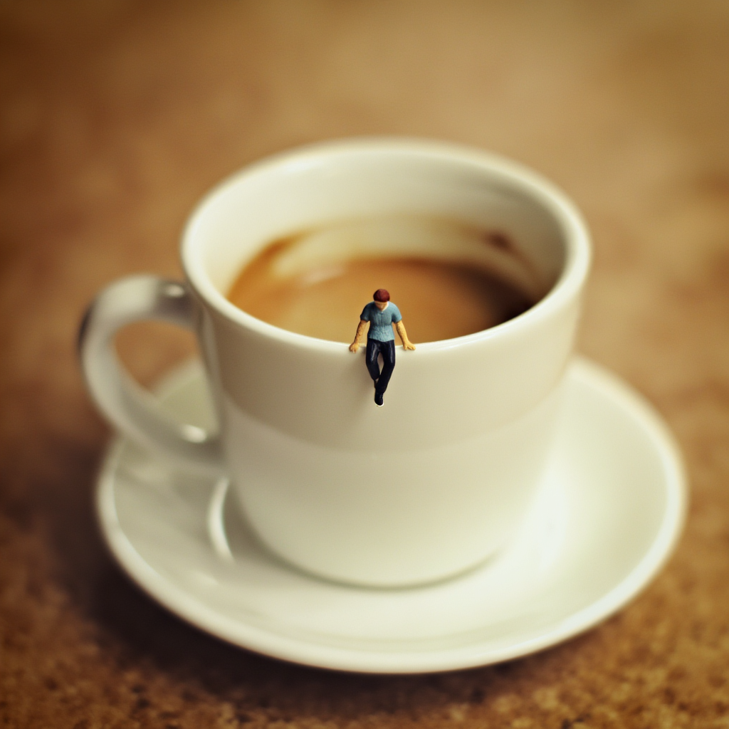 A tiny person standing on the rim of a coffee cup, looking d