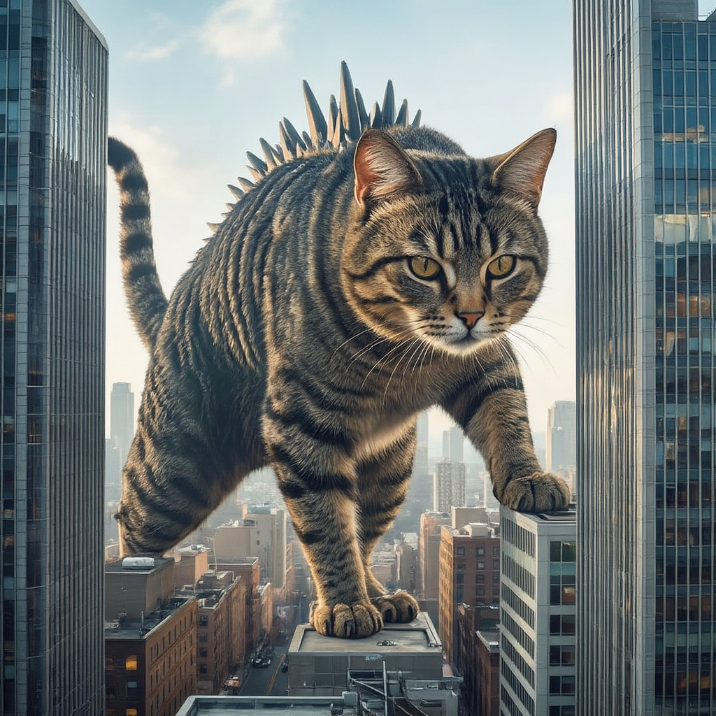 A giant tabby cat walking between city skyscrapers like a ka