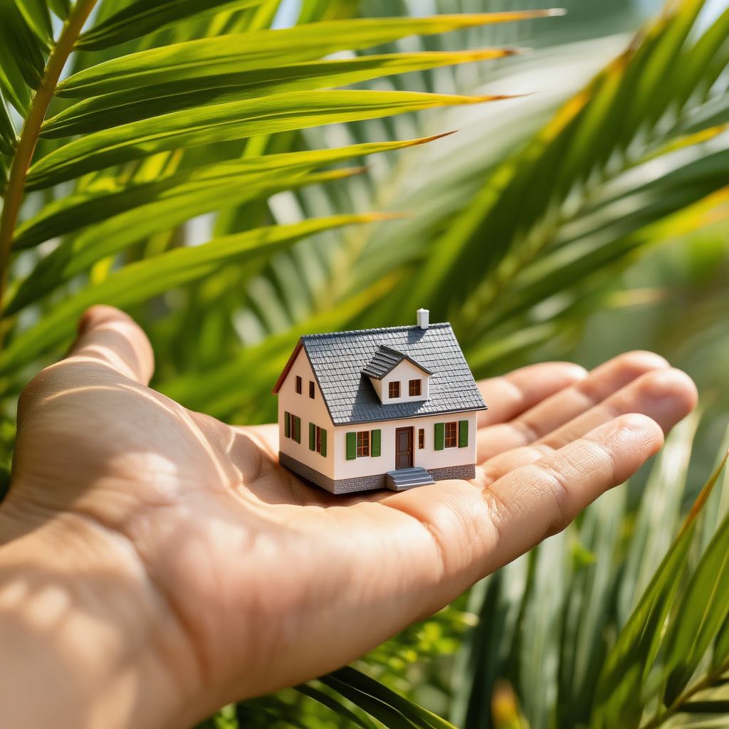 A miniature house sitting on the palm of someone's hand