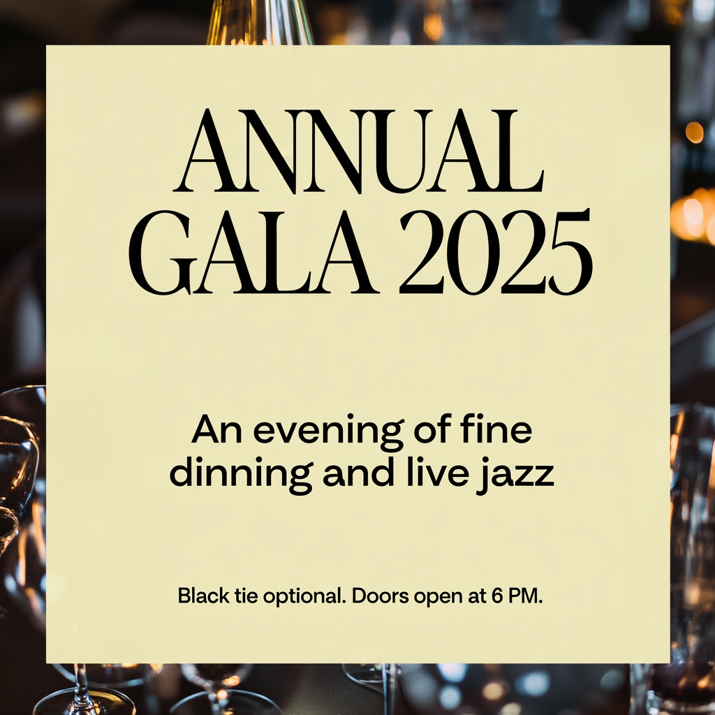 An event banner with headline 'ANNUAL GALA 2025' at the top 
