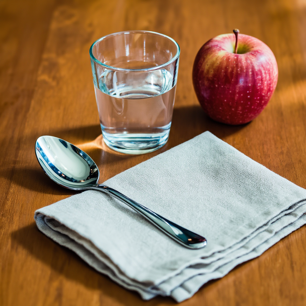 A still life on a wooden table featuring a clear glass of wa