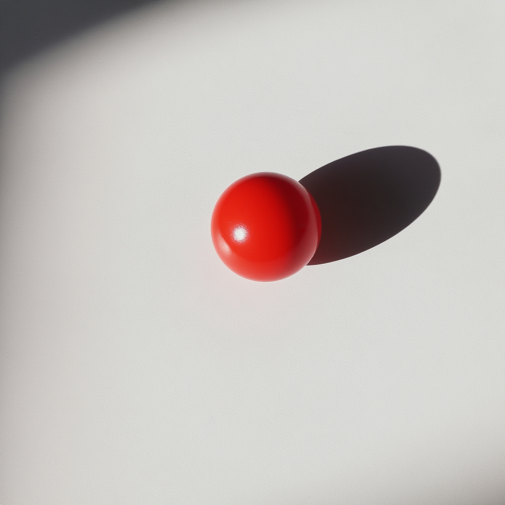 A red sphere on a white surface with a single shadow cast to