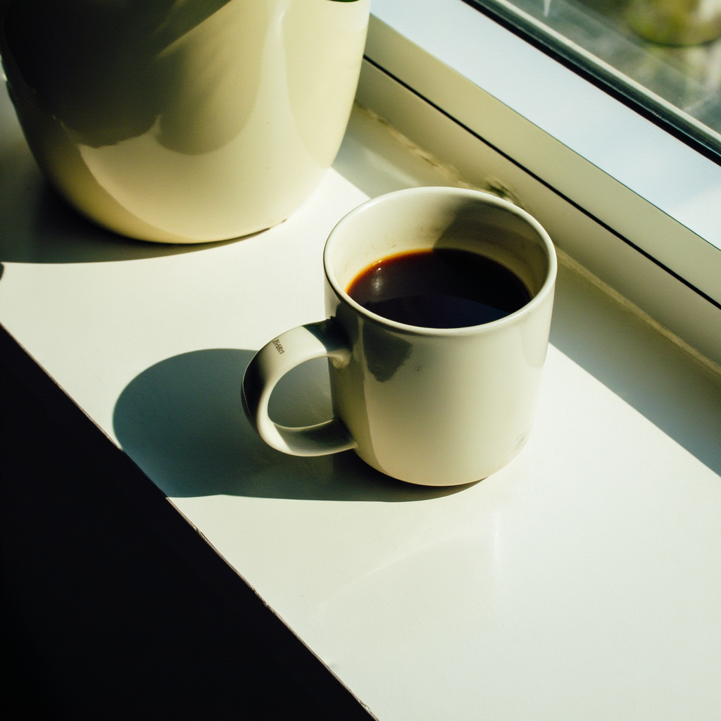 A coffee mug on a sunny windowsill casting a sharp shadow to