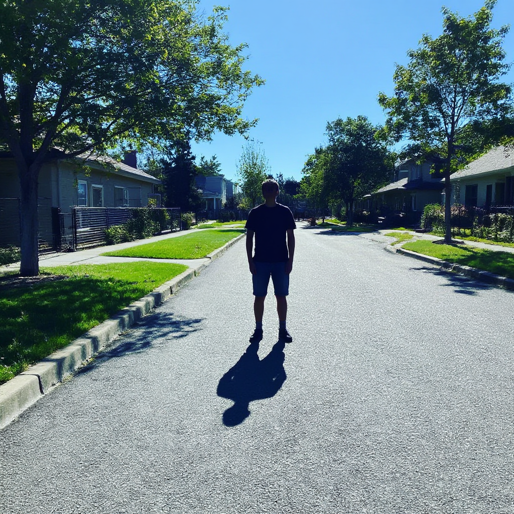 A person standing outdoors at midday with a short shadow dir