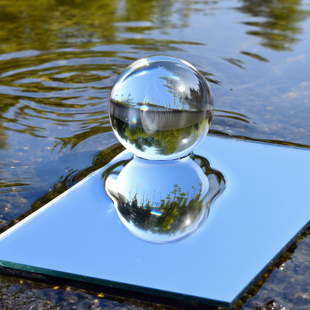A clear glass sphere sitting on a mirror surface near a pool