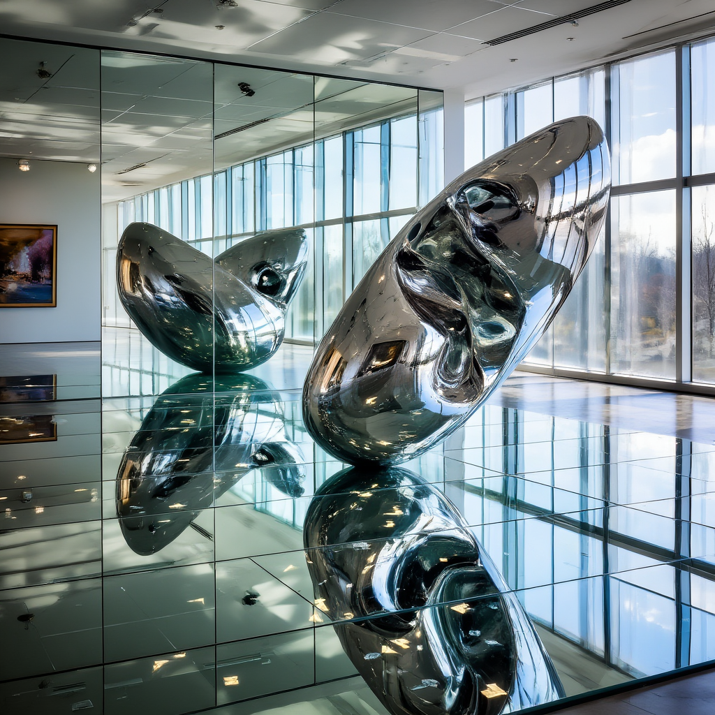 A chrome sculpture in a room with a glass floor and large wi