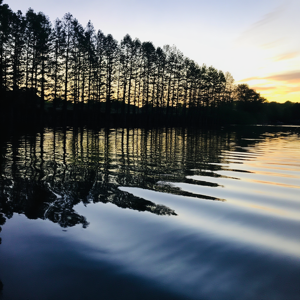 A row of trees reflected in a calm lake at sunset, with the 