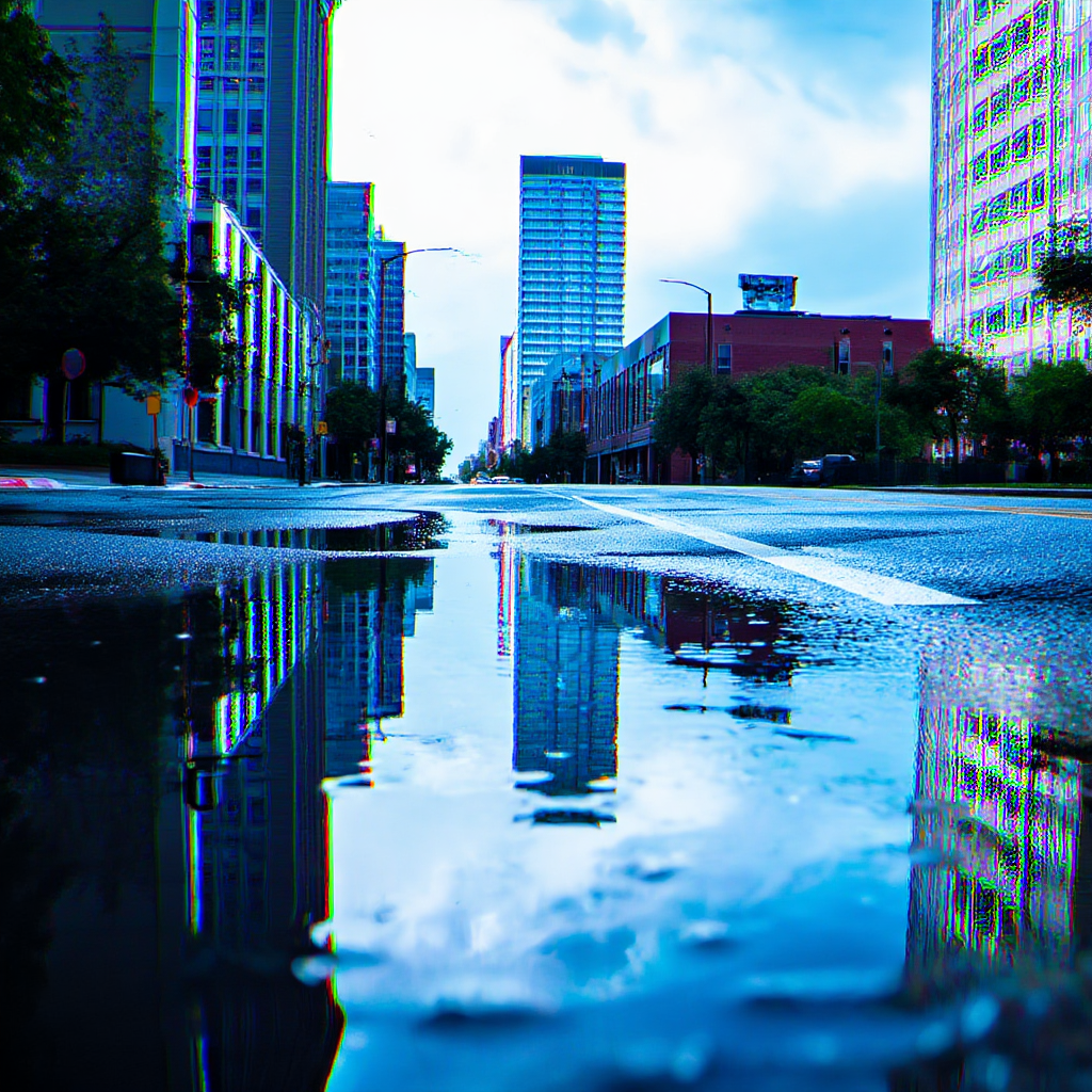 A city skyline reflected in a rain puddle on a street, with 