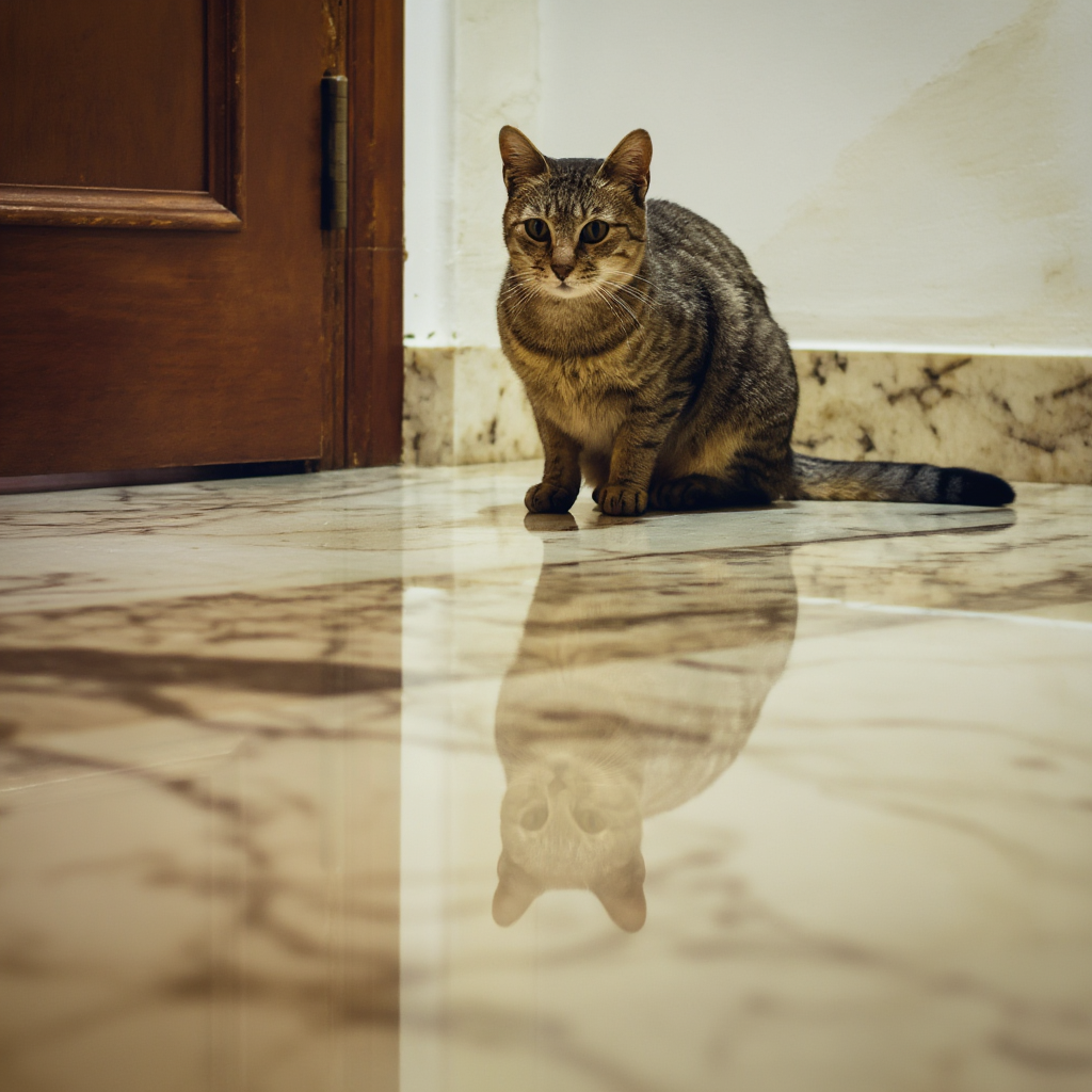 A cat sitting on a polished marble floor with its reflection