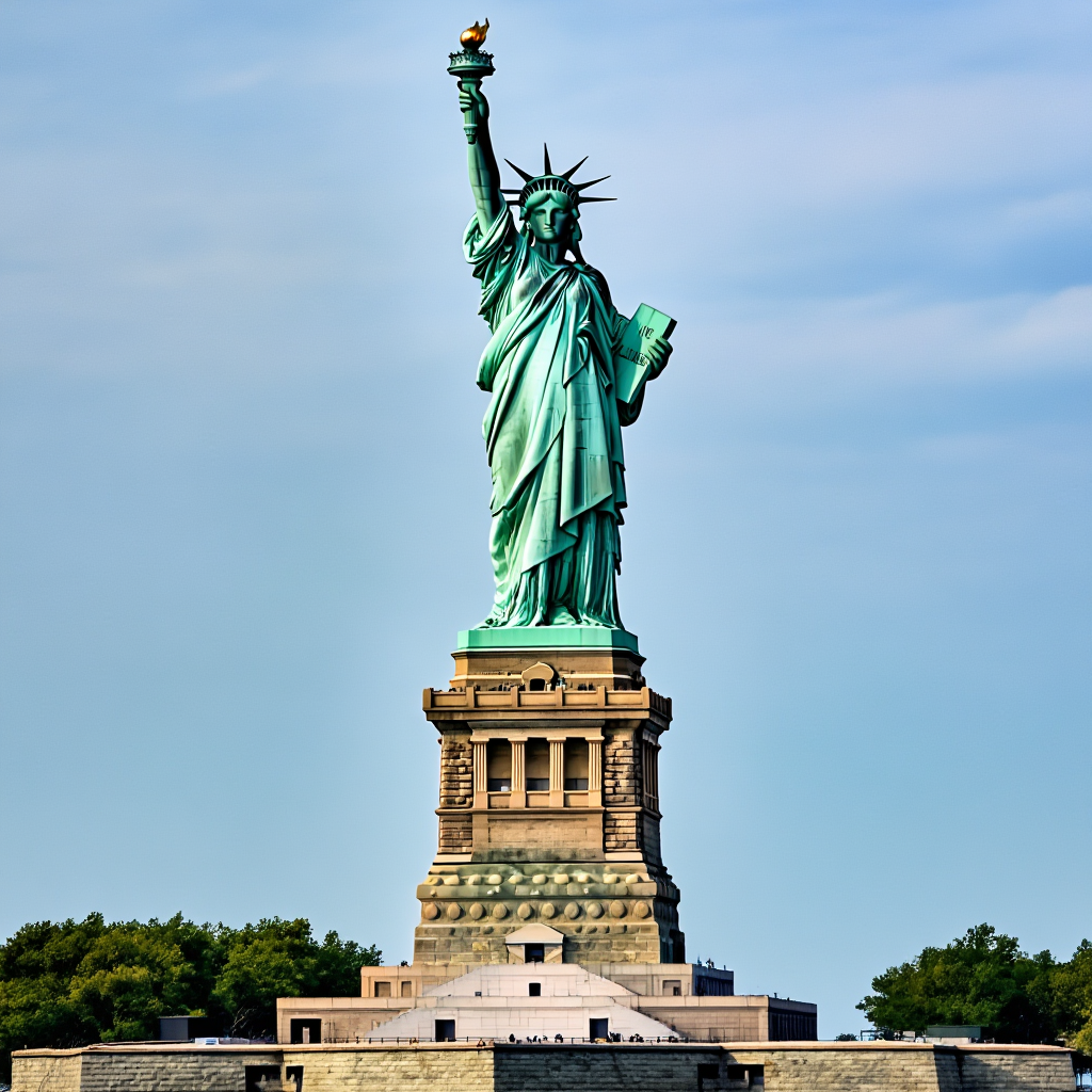 The Statue of Liberty on her island pedestal, with correct t
