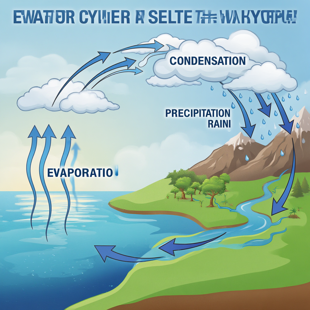 A detailed diagram of the water cycle showing evaporation fr