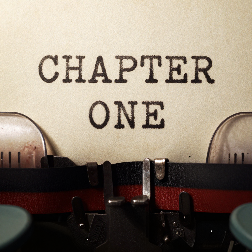 The word 'CHAPTER ONE' typed on aged paper with a vintage typewriter font, complete with slightly uneven ink
