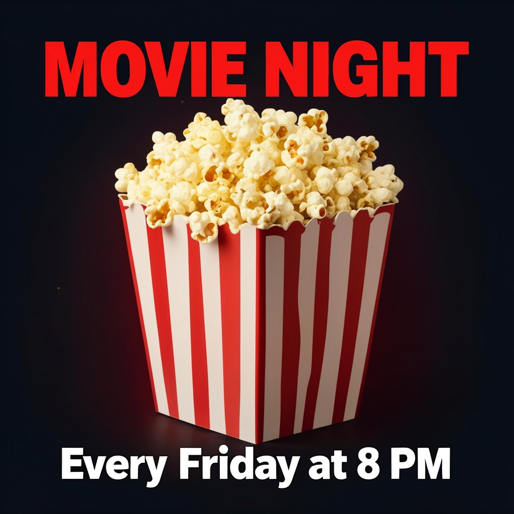 A movie night poster with a large popcorn image in the cente