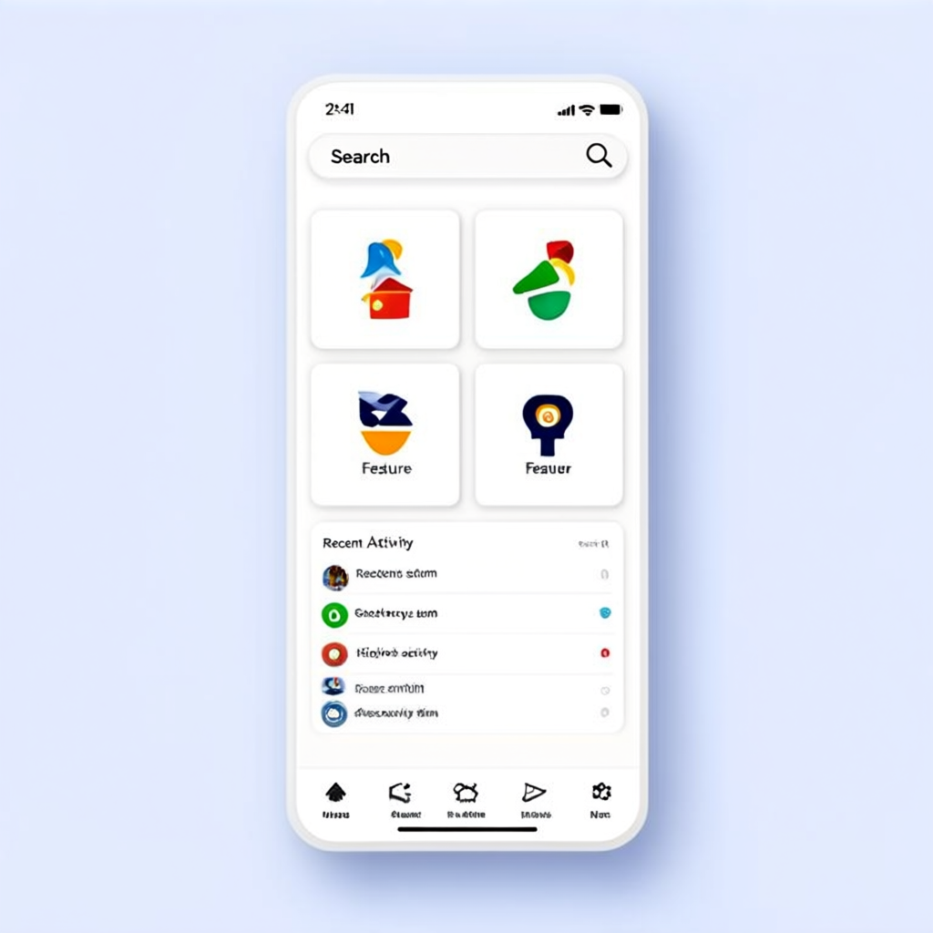 A mobile app UI mockup showing a dashboard with a top naviga