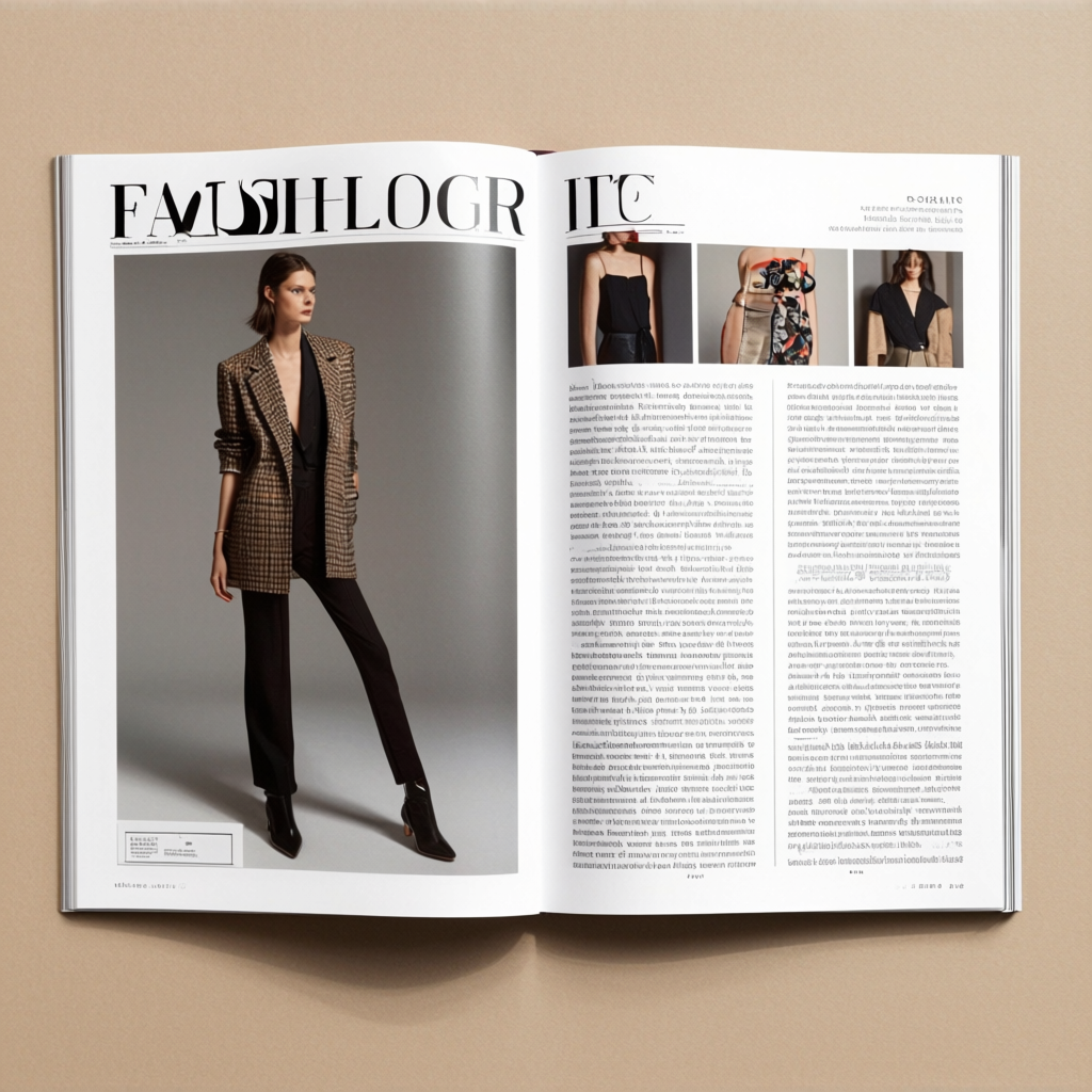 A fashion magazine spread with a full-bleed left-page photo,