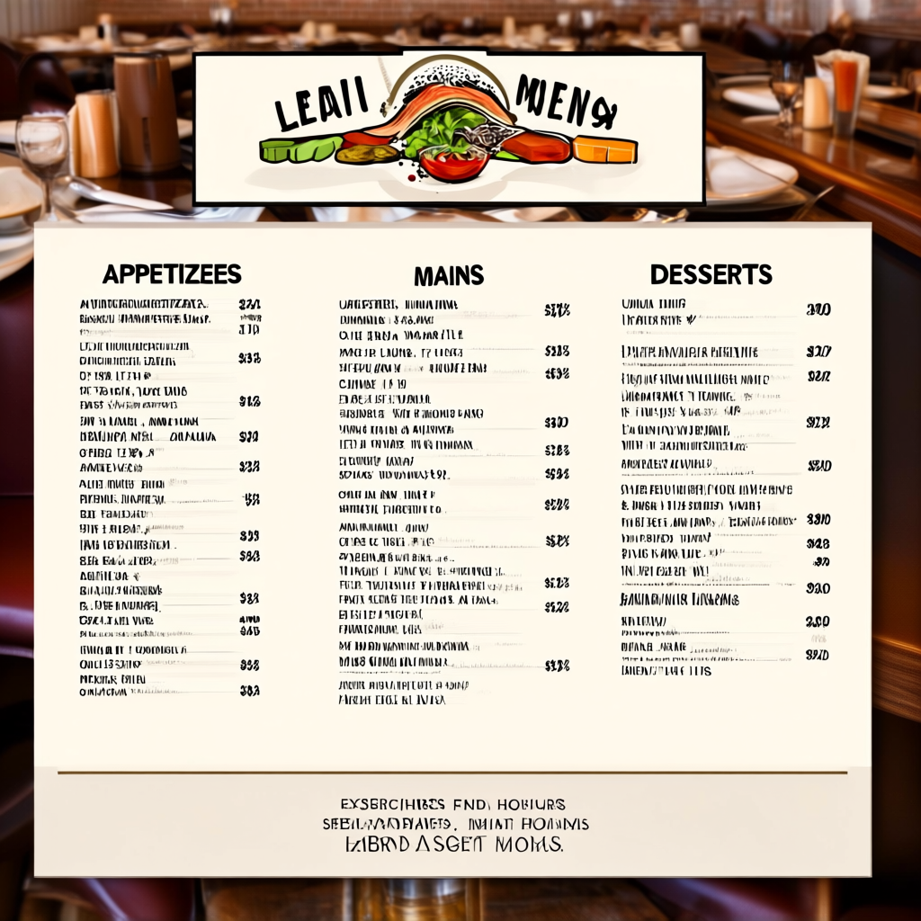 A restaurant menu layout with a logo header, three category 