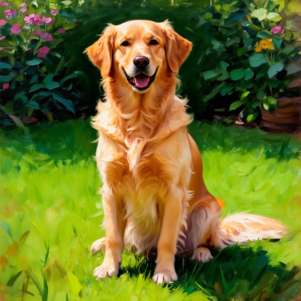 A golden retriever sitting in a garden, painted in the style