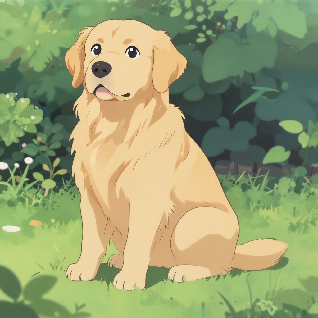 A golden retriever sitting in a garden, rendered in Japanese