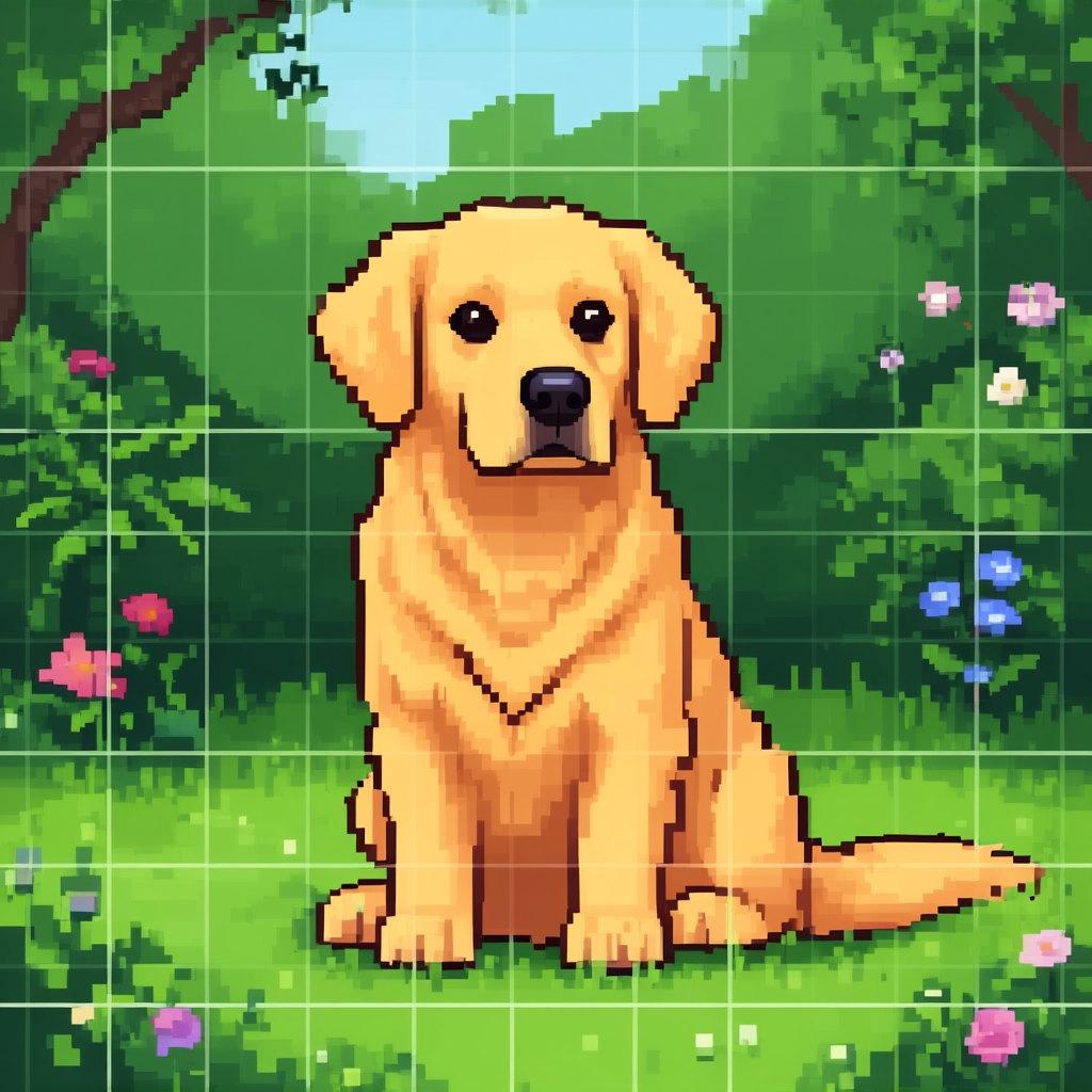 A golden retriever sitting in a garden, rendered in pixel ar