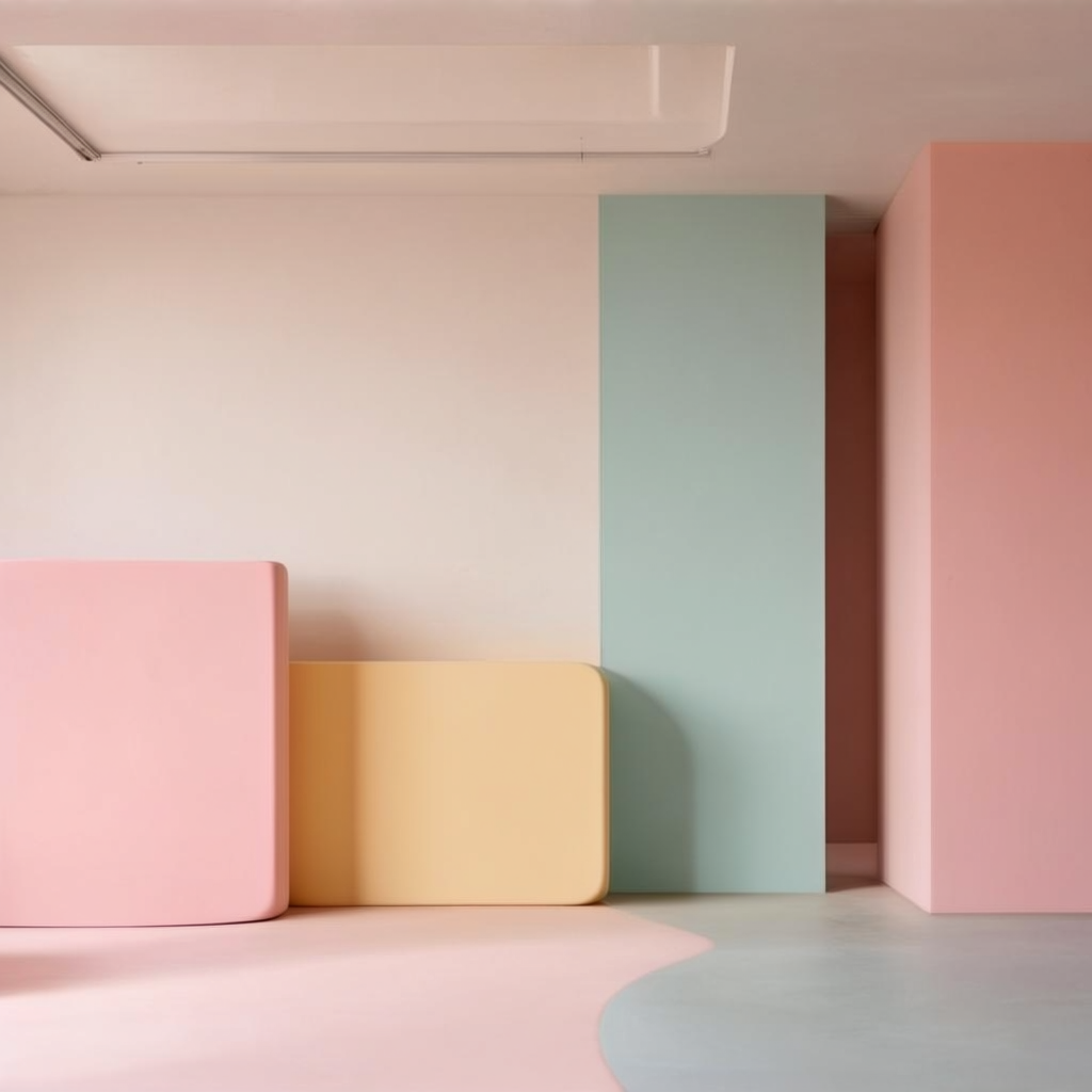An interior scene rendered in soft brutalism — raw concrete 