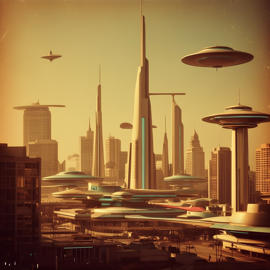 A cityscape rendered in nostalgic futurism — retro-futuristi