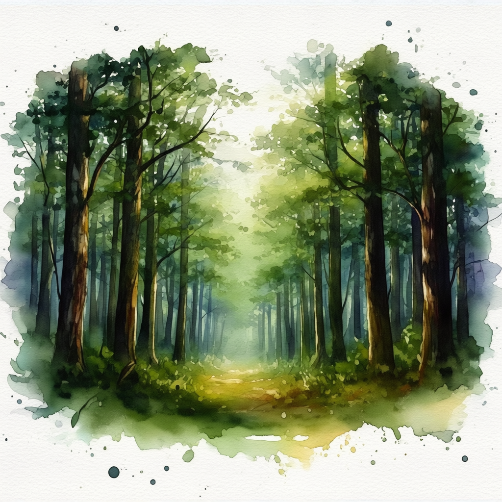 A forest rendered in photorealistic watercolor — the detail 