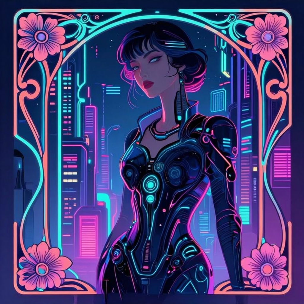 A woman in a futuristic city rendered in cyberpunk Art Nouve