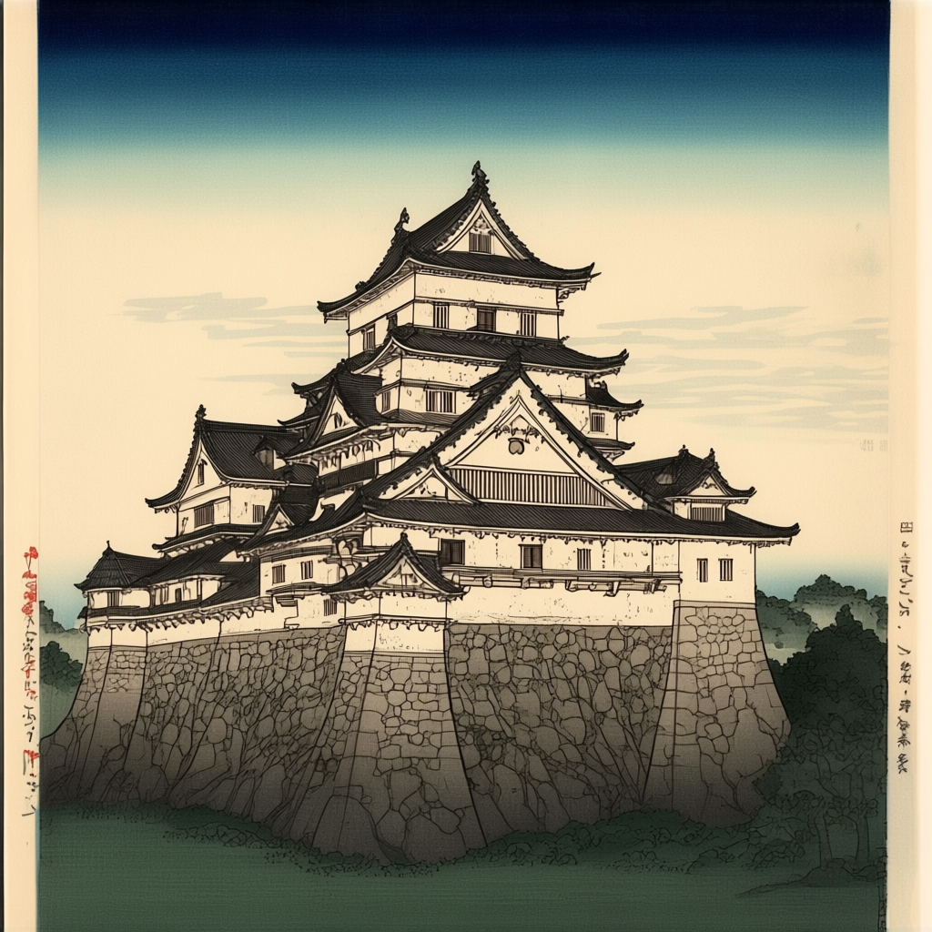 A medieval castle depicted in Japanese ukiyo-e woodblock pri