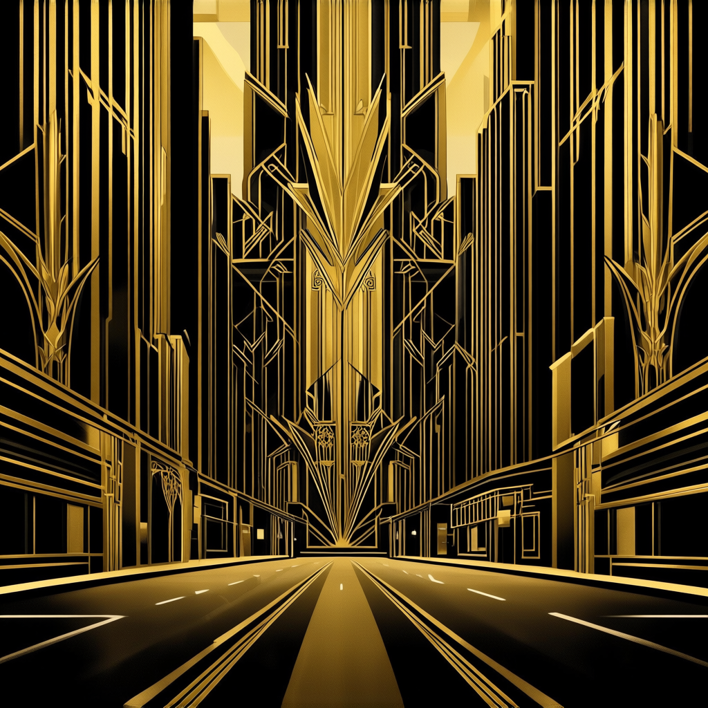 A city street scene in the style of Art Deco — geometric sha