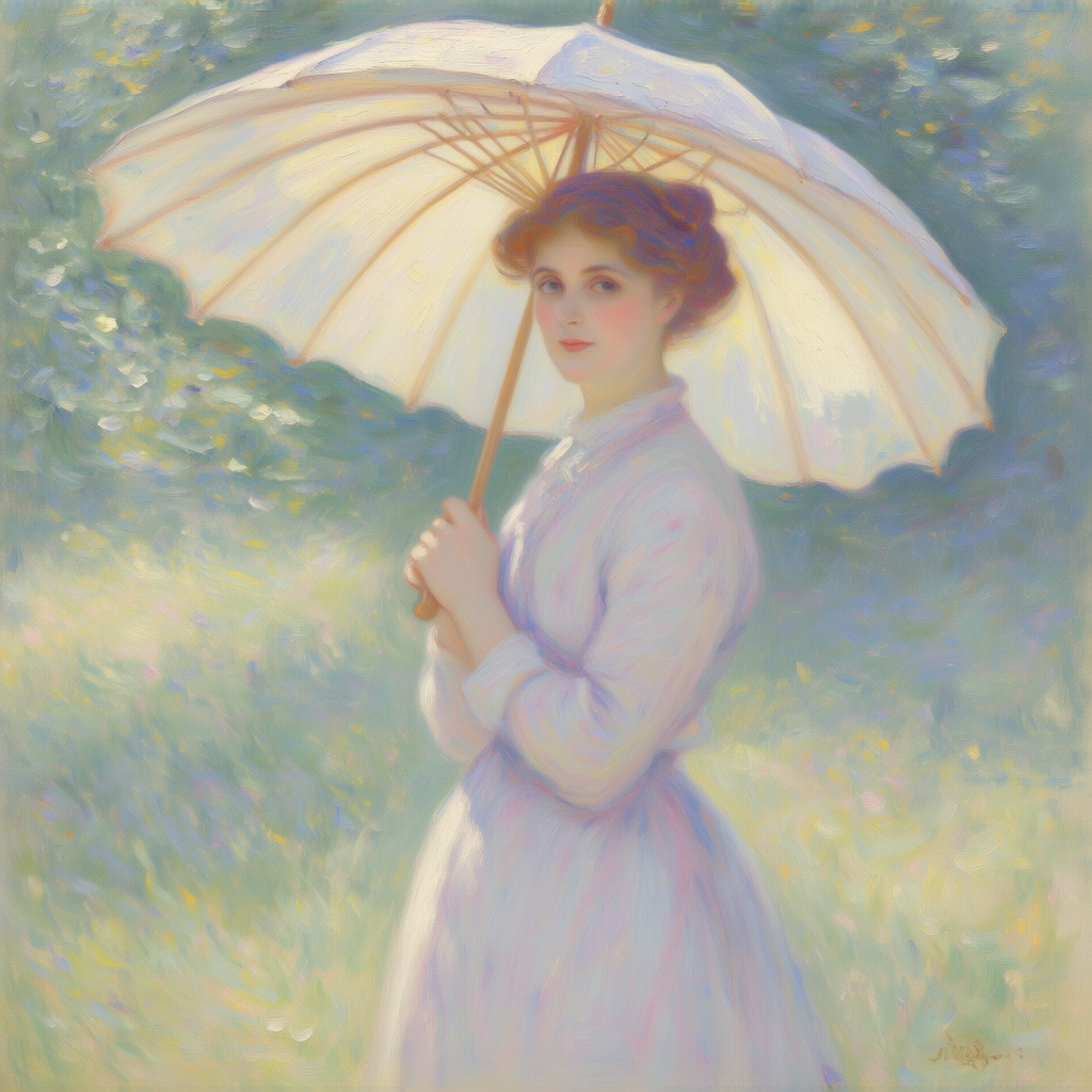 A woman with a parasol in the style of Impressionism — soft 