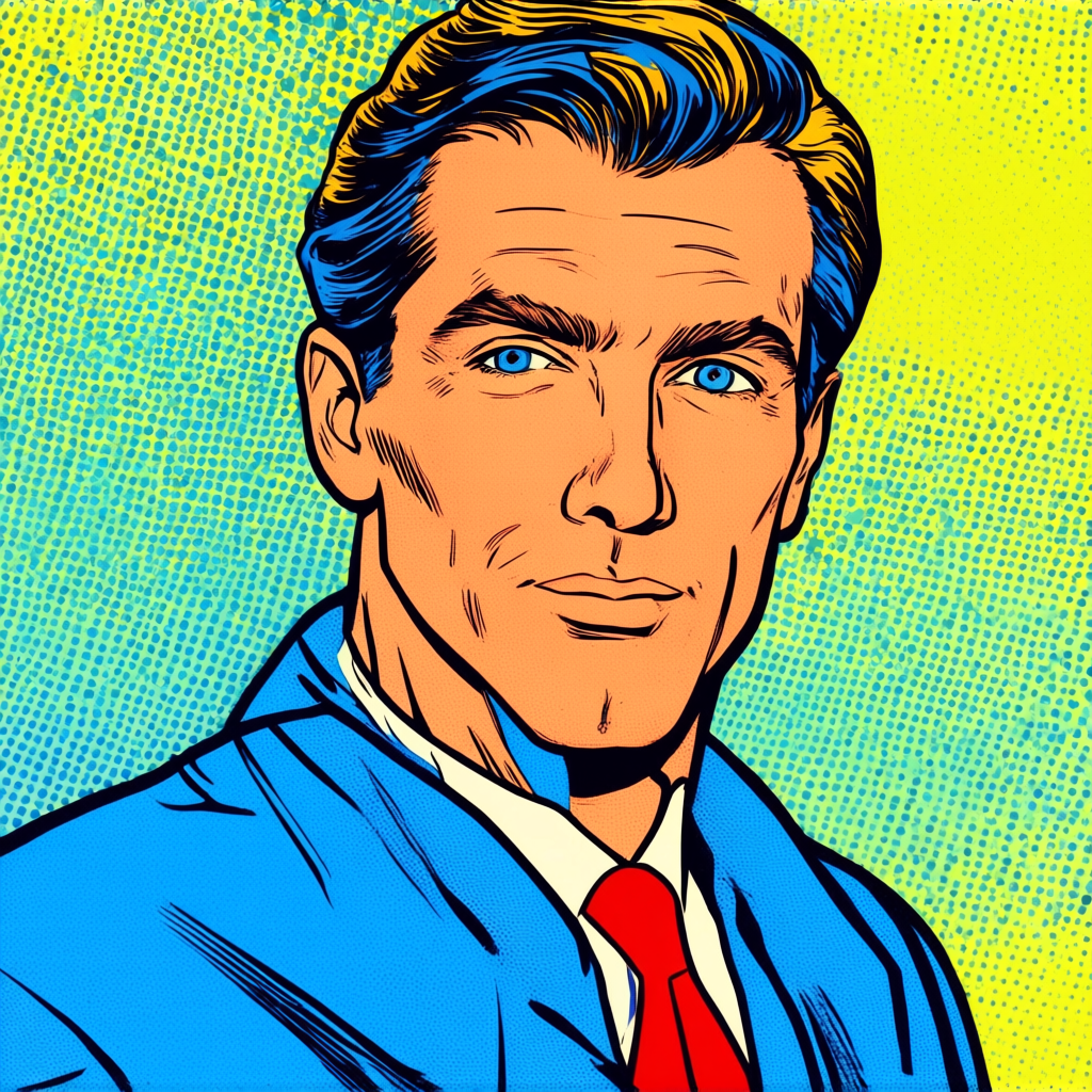 A portrait of a man in Pop Art style — bold outlines, Ben-Da