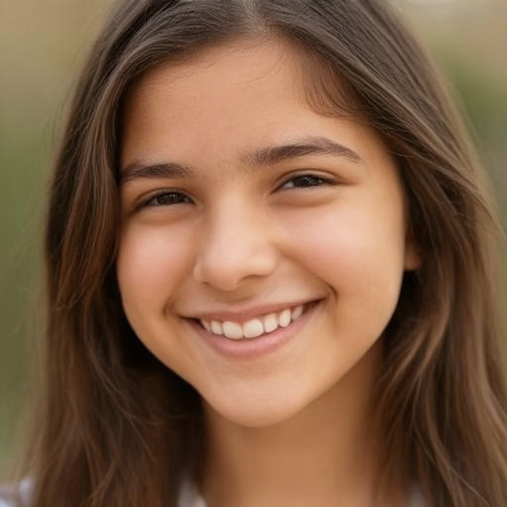 A close-up portrait of a young woman with a warm natural smi