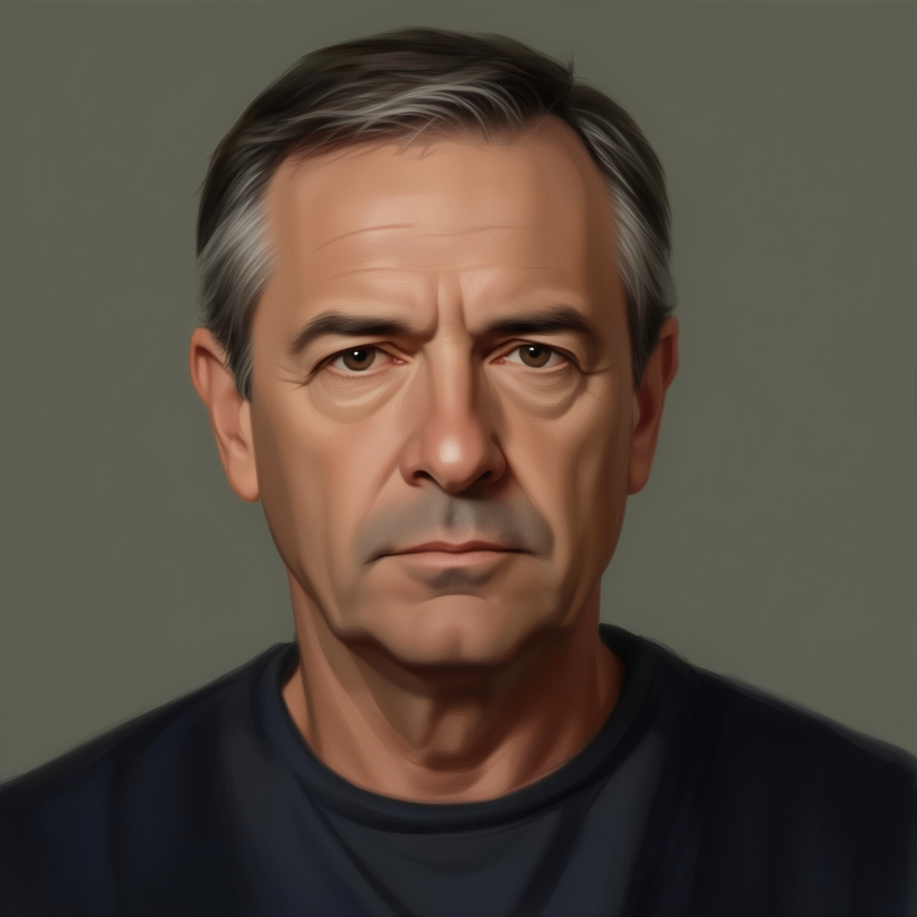 A portrait of a middle-aged man with a calm, serious express