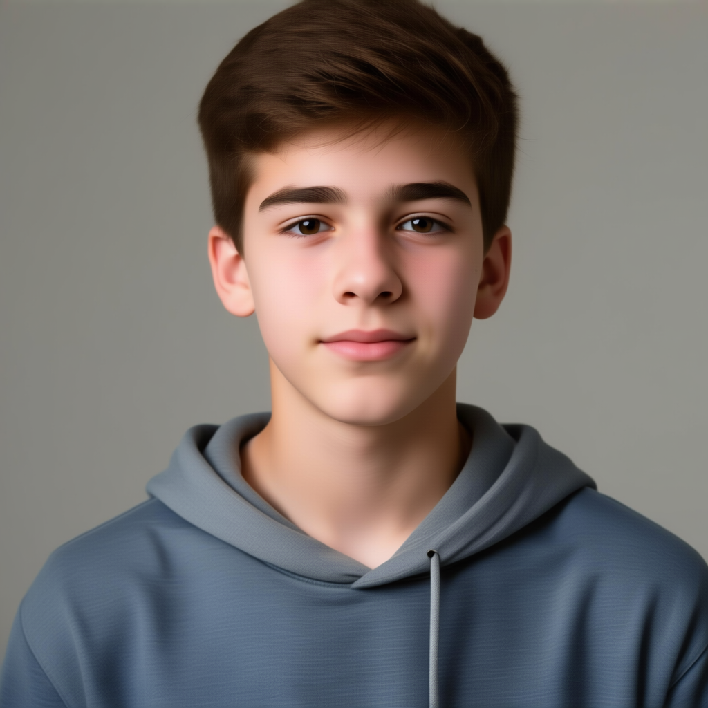 A headshot of a teenager with a relaxed, neutral face